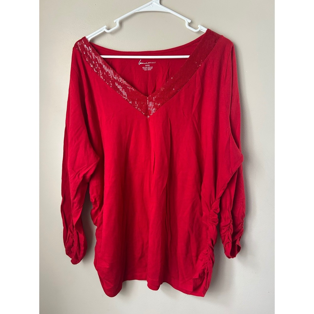 Lane Bryant Red V Neck Sequin Long Sleeve Ruched Side Plus Size Top  22 Glam‎